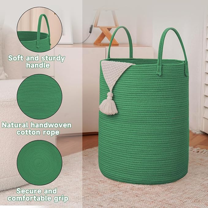 JMvicyroam 100L Cotton Rope Laundry Basket Hamper, Dark Green | Collapsible laundry basket, reinforced handles, freestanding, machine washable, holds 3-5 thick blankets, clothes or toys
