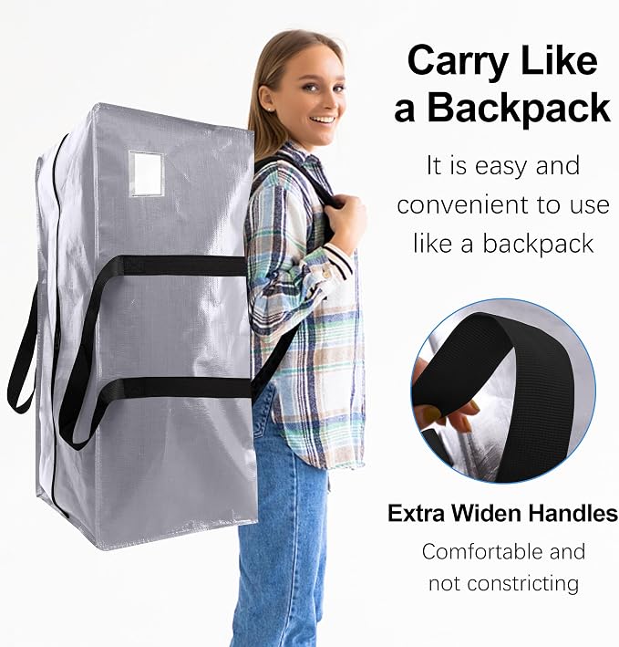 VELVETSURE 12 Pack Heavy Duty Extra Large Moving Bags W/Backpack Straps - Strong Handles & Zippers, Storage Totes For Space Saving, Fold Flat, Alternative to Moving Box and Storage Bin, Silver