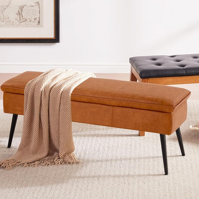 Ottoman with Storage Bench, Upholstered Large Entry Bench Cognac | 43.3" Mid-Century Modern End of Bed Bench w/ Flip-Lid Metal Legs Padded Seat for Living Room Bedroom Entryway, Faux Leather