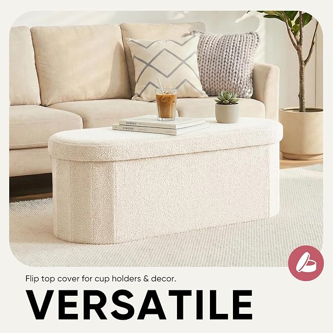 43 Inches Oval Ottoman with Storage, Boucle Sherpa Storage Ottoman Bench, Folding Foot Rest Chest for Bedroom Living Room