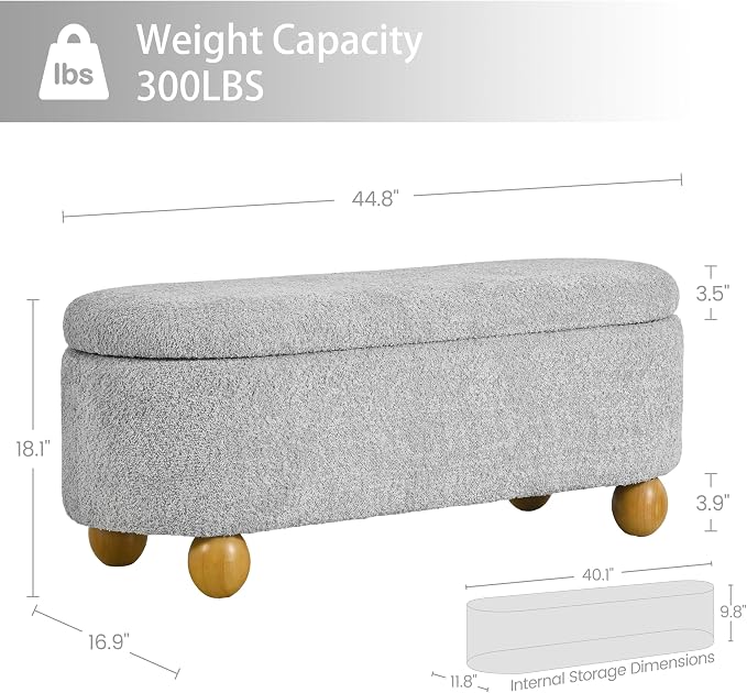 VKNOW 44.8" Storage Ottoman Bench End of Bed Bench for Bedroom, Grey | Cute Spherical Solid Wood Stool Legs, Comfortable Fabric, No Assembly, Bedroom Living Room Entryway Dressing Areas
