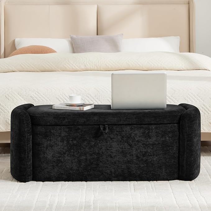 Oval Ottoman Bench with 20 Gal of Storage Space Upholstered Chenille Seat End of Bed Storage Bench Storage Ottoman with Storage for Bedroom, Living Room, Entryway, Window (Black)