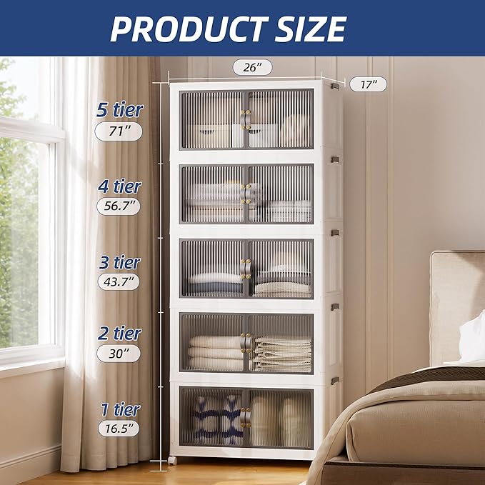 SAILUN 580Qt Stackable Storage Bins,Storage Cabinet Drawer with a Lid,White | Stackable storage drawers with lids, 26" W x 17" D x 71" H, featuring open-front access for clothes and closet storage.