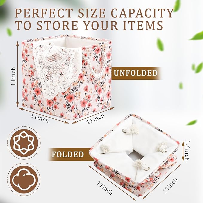 6 Pack Boho Floral Storage Bins 6 Pack, 11 Inch Cube Fabric Storage Baskets | Foldable Fabric Cube Baskets with Reinforced Handles, Floral Laundry Nursery Hamper, for Shelves, Closets, Room Organization