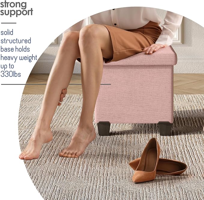 Storage Ottoman Cube with Small Bin, 15-in Square Ottoman with Storage for Living Room and Bedroom, Small Ottomans Foot Rest, Fabric Foot Stools Ottomans Max 330lbs, Pink