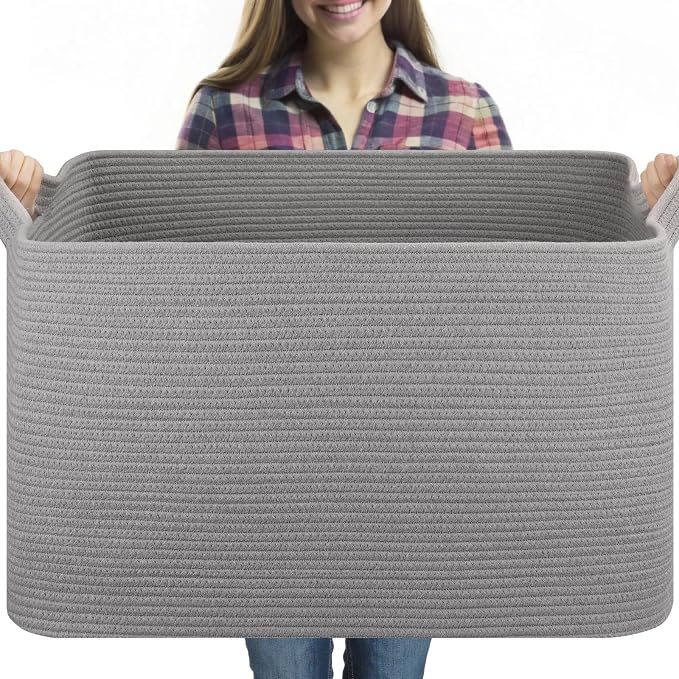 OIASKET Extra Large Blanket Basket, 24" x 16.9" x 14.2" Woven Storage Basket for Living Room, Rectangle Nursery Blanket Storage for Toys, Towels, Dirty Clothes (Light Grey)