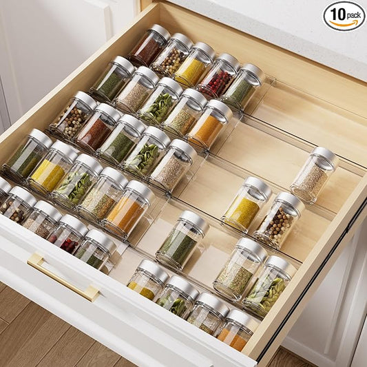 MIUKAA Acrylic Spice Drawer Organizer, 5 Tier - 10 Pack Seasoning Organizer for Drawer, Expandable From 13" to 26" Kitchen Drawer Spice Rack (Jars not Included)