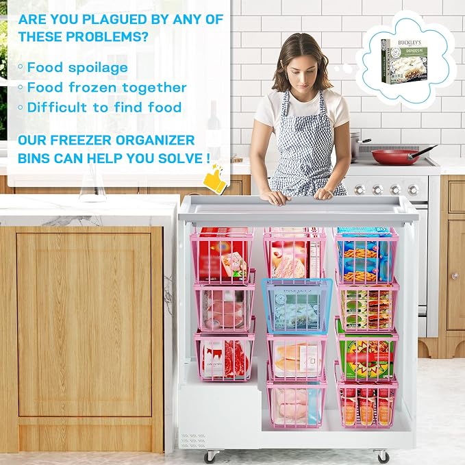 SUNALLY Freezer Organizer Bins, 4 Pack Stackable Pantry Storage Bins, Pink | Chest Freezer Organizer for 5-7 Cu.FT Deep Freezer to Sort Frozen Meats & Food, Wire Baskets for Pantry Organizers & Storage