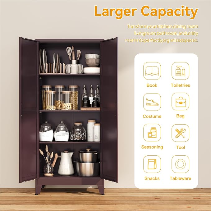 COFaR Metal Pantry Cabinet, Kitchen Storage Cabinets with 2 Barn Door, 3 Adjustable Shelves and Legs, for Cupboard/Dining Room/Bathroom/Living Room/Office/Laundry Room (Red, 61" Farmhouse)