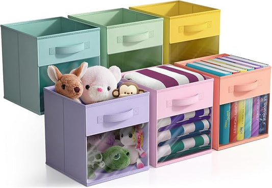 Sorbus 11 Inch Storage Bins with Clear Window - 6 Foldable Baskets for Organizing Clothes, Toys, Books - Sturdy Collapsible Fabric Storage Cubes with Handle - Storage Baskets for Shelves, Closets