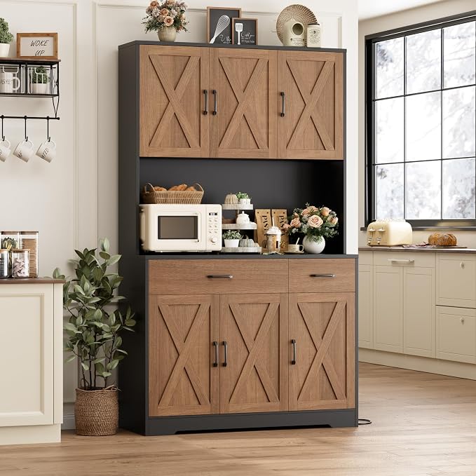HOSTACK 71" Pantry Cabinet with Charging Station, Tall Kitchen Pantry Storage Cabinet with Microwave Stand, Farmhouse Kitchen Hutch with Storage Drawers for Living Room, Dining Room, Brown/Black