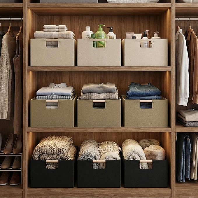 Foldable Fabric Storage Basket for Shelves, Linen Decorative Storage Bin with Wooden Handles, Small Organizer Cube for Closet, Rectangle Canvas Box for Organizing, Decor, 15x10.6x6 Inches (Beige)