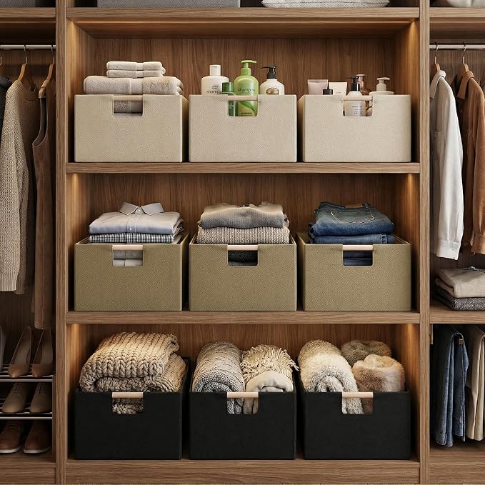 Foldable Fabric Storage Baskets Set of 2 for Shelves, Linen Decorative Storage Bins with Wooden Handles, Small Organizer Cubes for Closet, Rectangle Canvas Boxes for Organizing, Decor (Beige 2 Pack)