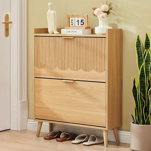BERRYMERRY 30" Narrow Shoe Storage Cabinet with 2 Flip Drawers Natural | narrow,entryway,20 pairs shoe,shoe organize,hidden shoe rack,fluted panel,wave pattern,wood,space saving