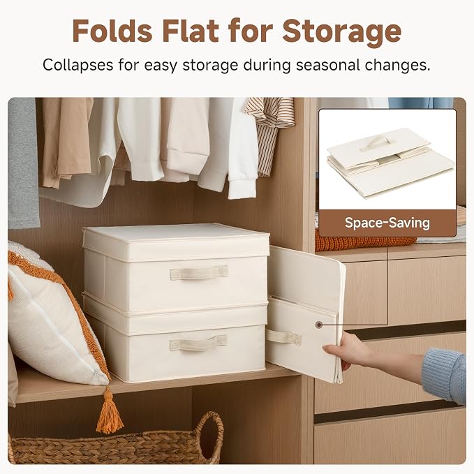 StorageWorks Storage Bins with Lid, Decorative Fabric Storage Bins with Handles, Stackable Closet Organizers for Shelves and Bedroom, Small, Beige(Cotton Linen), 2-Pack