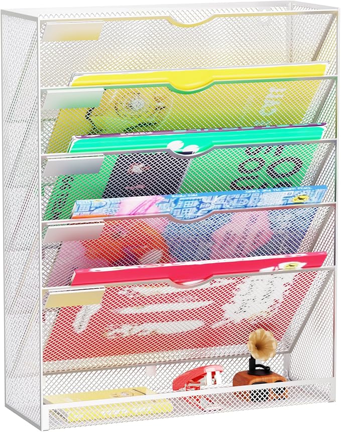 Hanging Wall File Organizer 6 Tier Wall Mounted File Holder Document Wall Organizer Magazine Organization for Office Home, Silver