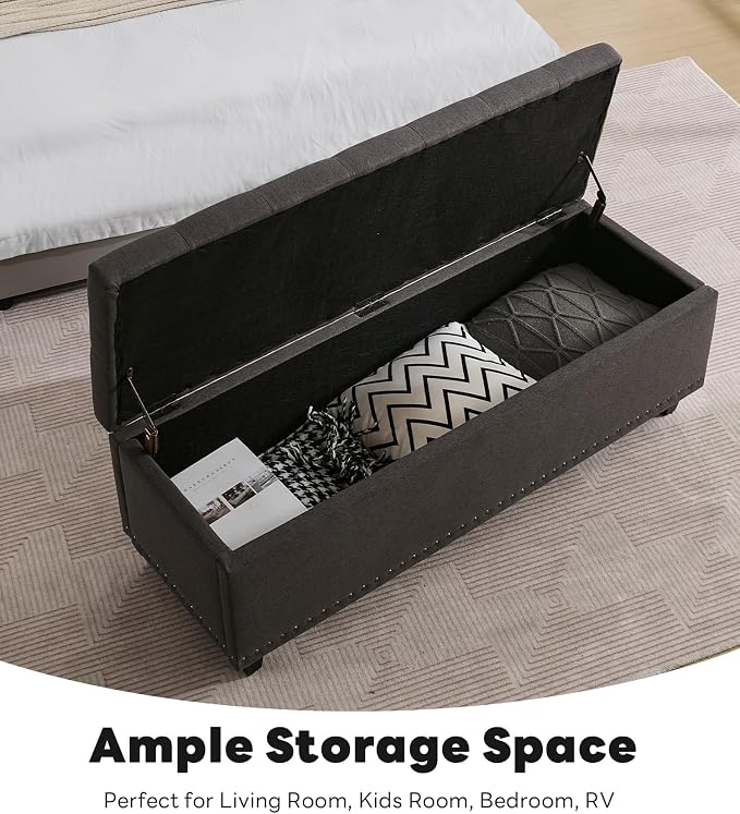 Tbfit 50.8" Ottoman With Storage, Storage Bench with Button-Tufted, End of Bed Storage Bench Safety Hinge with Rivets, Large Storage Ottoman Bench for Bedroom, Living Room, Foot of Bed, Entryway(Grey)