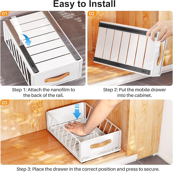 4Pack Pull out Cabinet Organizer,Heavy Duty Slide out Pantry Shelves Drawer Storage with Adhesive Nano Film,Sliding Mesh Basket with Handle for Kitchen, Bathroom, Home, 11.8W" X 15.7"D X 6.2"H,White