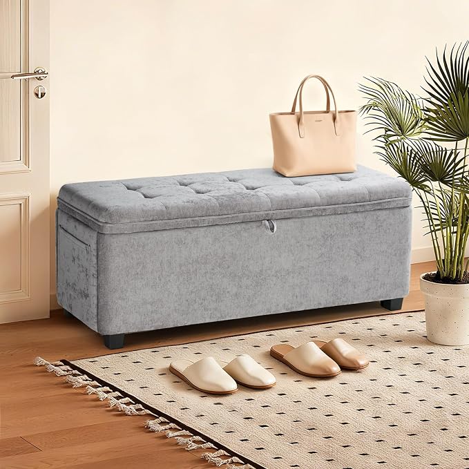 Storage Ottoman Bench End of Bed Bench for Bedroom Storage Seat Shoe Bench with Storage for Living Room & Entryway (Gray)