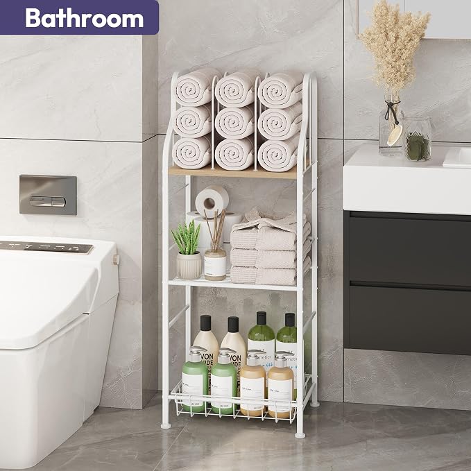 SWTYMIKI Free Standing Towel Rack - 3 Tier M-Shaped Detachable Dividers Towel Shelf for Bathroom, Durable Metal Pool Towel Holder, Modern Space-Saving Bath Towel Storage Organizer