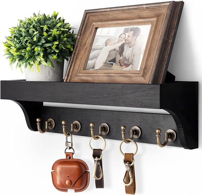 Rebee Vision Key Holder Wall Mount with Shelf & 5 Hooks for Entryway, Black | Key Holder for Wall, Mail Organizer, Plant Display, Decorative Storage, Apartment Essentials for Home Improvement