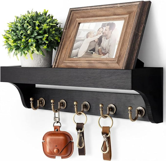 Rebee Vision Key Holder Wall Mount with Shelf & 5 Hooks for Entryway, Black | Key Holder for Wall, Mail Organizer, Plant Display, Decorative Storage, Apartment Essentials for Home Improvement