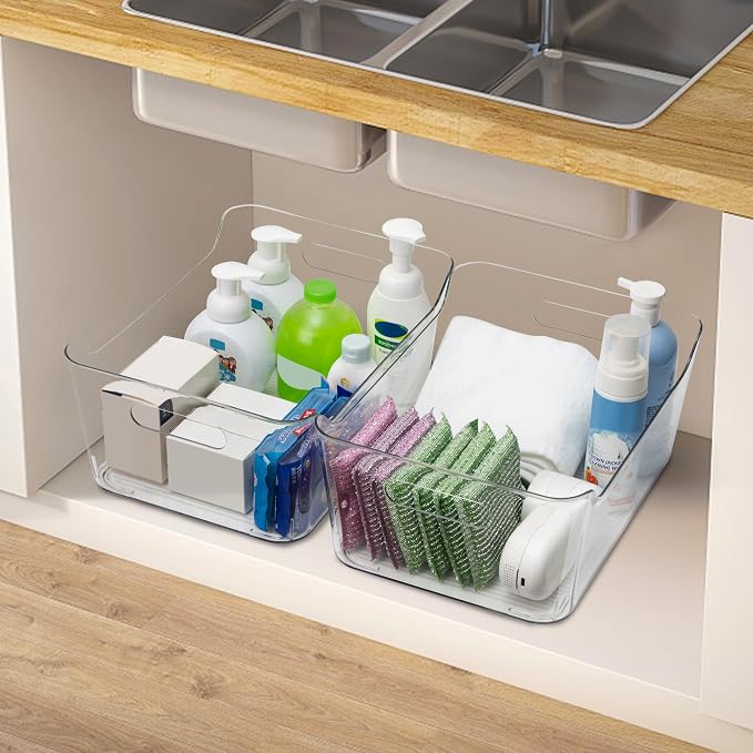 Tiawudi 2 Pack Plastic Storage Bins, Extra Large Pantry Organizer, 13.5" x 10" Clear Storage Containers and Organizer Bins, Multi-Use Bins for Home, Kitchen, Closet and Cabinet