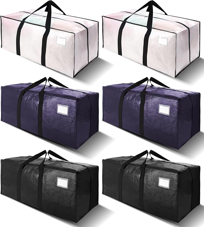 6 Pack Heavy Duty Extra Large Moving Bags W/Backpack Straps - Strong Handles & Zippers, Storage Totes For Space Saving, Fold Flat, Alternative to Box and Bin (40 gal, Semi-Transparent+Blue+Black)