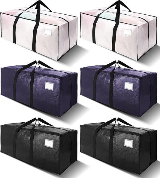 6 Pack Heavy Duty Extra Large Moving Bags W/Backpack Straps - Strong Handles & Zippers, Storage Totes For Space Saving, Fold Flat, Alternative to Box and Bin (40 gal, Semi-Transparent+Blue+Black)