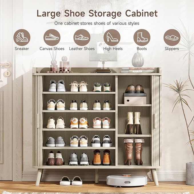 Shoe Cabinet with Sliding Door, 5-Tier Hidden Shoe Rack with Adjustable Shelves, Wooden Shoe Storage Organizer with Open Bottom Space, Freestanding Shoe Shelf for Entryway (Natural White)