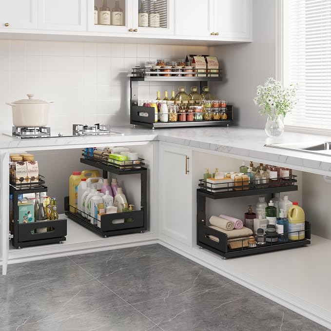 Under Sink Organizer Upgrade To Professional Rails,2-Tier Dual Pull Out Cabinet Storage,Height Adjustable Slide Out Drawers For Bathroom Kitchen,2 Pack-18.5"Dx12.8"-16.9"H,Black