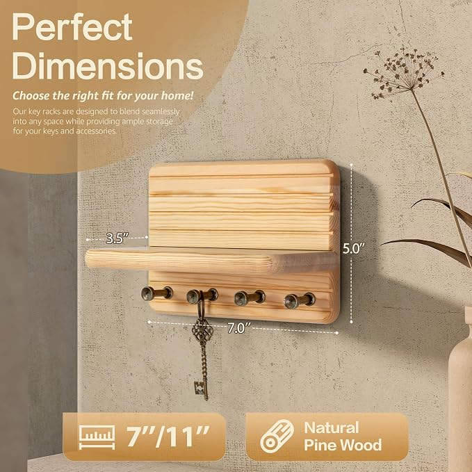 Rebee Vision Key Holder Wall Mount with 4 Hooks for Entryway, Natural Wood | 7-Inch, Pine Wood, Key Holder for Wall, Floating Shelf, Mail Organizer, Plant Display, Small-Space Organizer, Tidy Home Decor