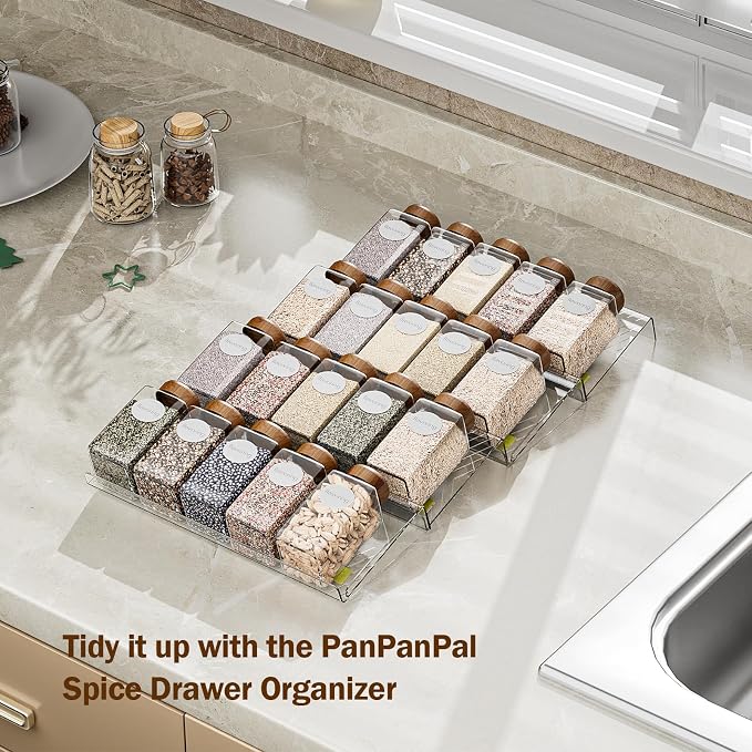 PanPanPal Spice Drawer Organizer, 4 Pack Clear Seasoning Organizer Rack, Expandable From 11" to 22" Wide Kitchen Spice Rack Organizers for Drawer, Countertop (Jars Not Included)