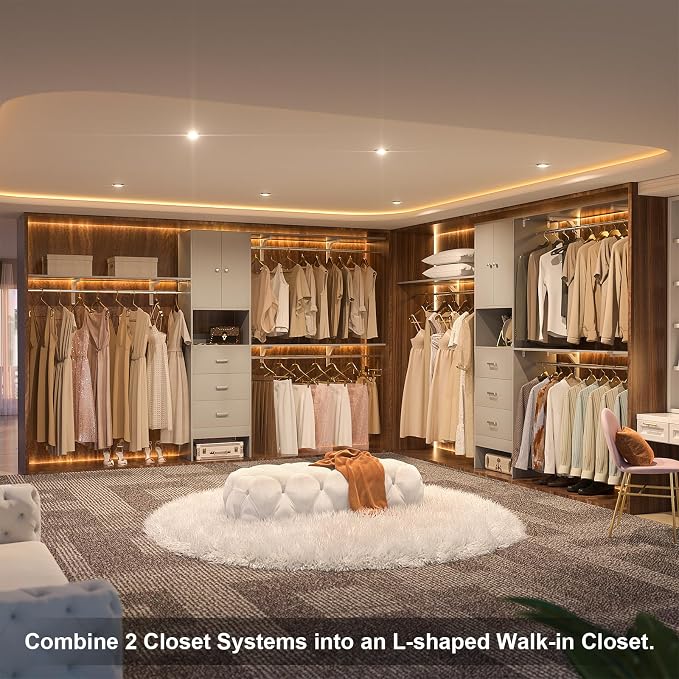 120 Inches Closet System With Doors, 10FT Walk In Closet Organizer with 3 Shelving Towers, Heavy Duty Clothes Rack with 3 Drawers, Built-In Garment Rack, Max Load 1300 LBS, Grey