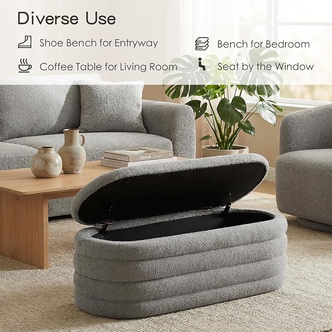 Storage Ottoman Bench, 45'' Upholstered Boucle Ottoman with Storage, Aesthetic Bedroom Bench for Living Room Entryway, Grey