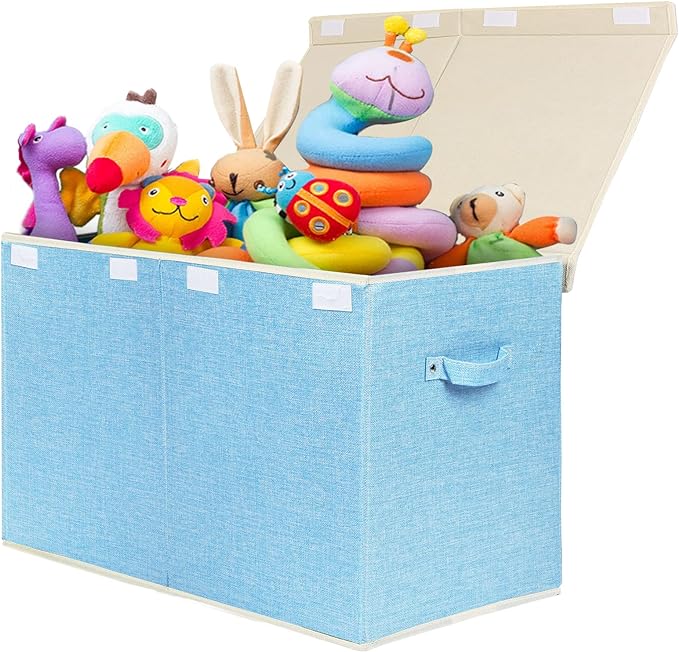 Large Toy Box Chest Storage with Flip-Top Lid, Kids Toy Storage Bin Boxes | Toy Chest with Rivets Handles for Kids, Boys, Girls, Nursery, Playroom, Living Room, Bedroom, 25"x 13" x 16" (Linen Blue)