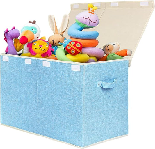 Large Toy Box Chest Storage with Flip-Top Lid, Kids Toy Storage Bin Boxes | Toy Chest with Rivets Handles for Kids, Boys, Girls, Nursery, Playroom, Living Room, Bedroom, 25"x 13" x 16" (Linen Blue)