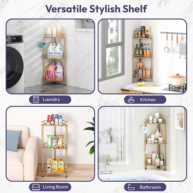 SWTYMIKI Standing Shower Caddy Corner - 3‑Tier Stainless Steel Shower Organizer Shelf with 12 Hooks and Adhesive Pads, Rustproof Corner Shelves Stand Rack for Bathroom Shower Room, Gold