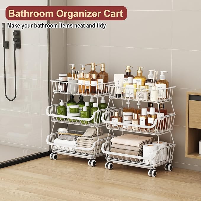 3-Tier Rolling Pantry Cart with Wheels, Stackable Wire Storage Floor Organizer for Kitchen Pantry Snack Shelves, Fruit Basket Stand, Vegetable Storage Rack for Food Snacks Onion Potato, White