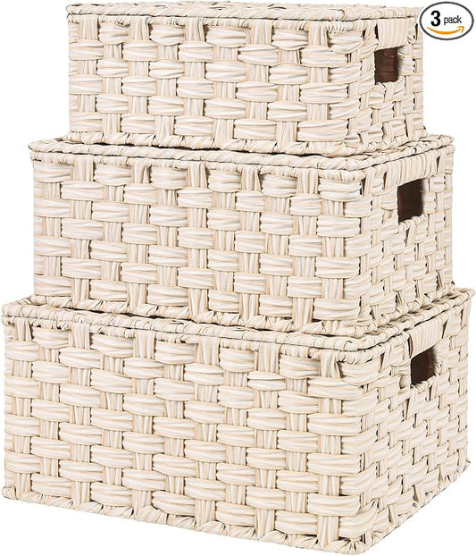 Granny Says Wicker Baskets With Lids, Woven Storage Basket With Lid | Woven Baskets With Lids, Wicker Baskets For Storage, Decorative Storage Boxes, Woven Stackable Basket with Lid for Organizing