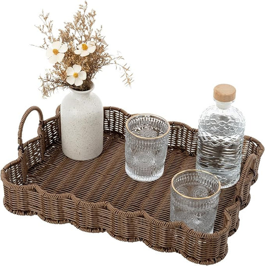 GRANNY SAYS Wicker Decorative Scalloped Trays for Home Decor, Coffee Table Trays with Handles, Woven Rattan Tray for Kitchen Counter, Rectangle Serving Tray Decor for Living Room, Ottoman, Brown