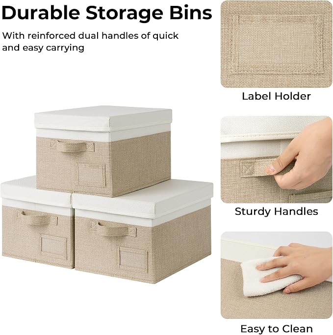 GRANNY SAYS Storage Basket with Lid, Linen Fabric Storage Bins with Label, Decorative Storage Boxes, Clothes Storage and Organization, Memory Keepsake Box, 3-Pack, Medium, Khaki&Ivory