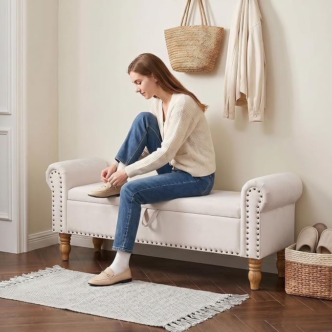 55" Bench for End of Bed Storage Benches, Queen End of Bed Bench Corduroy Upholstered Storage Ottoman Window Bench with Storage, for Bedroom, Entryway, Closet, Off-White