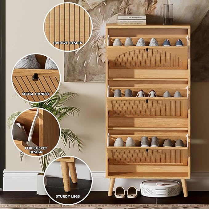 Fsbecl Shoe Storage Cabinet for Entryway with 3 Flip Drawers, Oak | Narrow Single Layer Design, 23.6'' Freestanding Shoe Rack, Wooden Hidden Organizer for Hallway Foyer, 6-9 Pairs