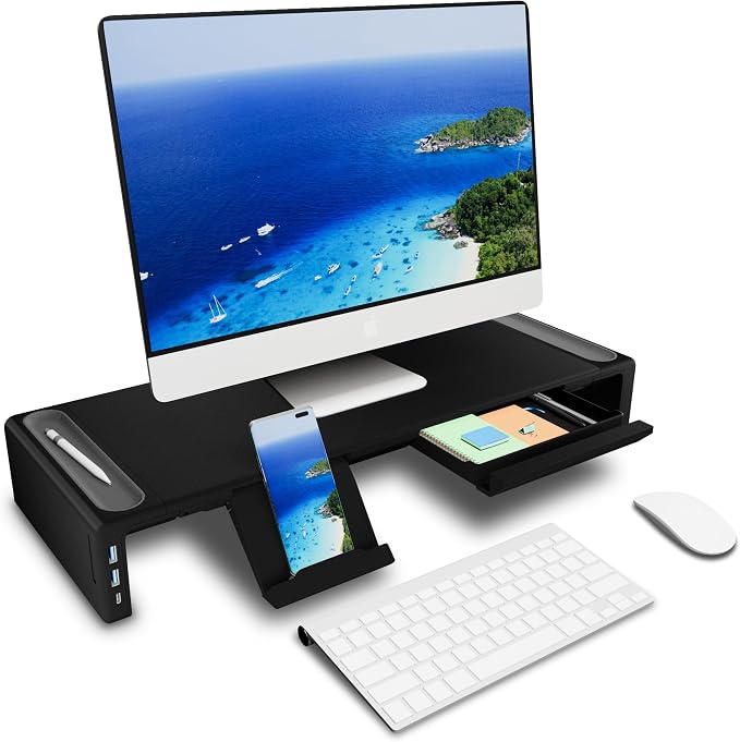 Adjustable Monitor Stand Riser with Drawer - Foldable Computer Stand for Desk, Desktop Organizer with Phone Holder & Pen Slot, Space Saving Laptop Riser for Home Office, Black
