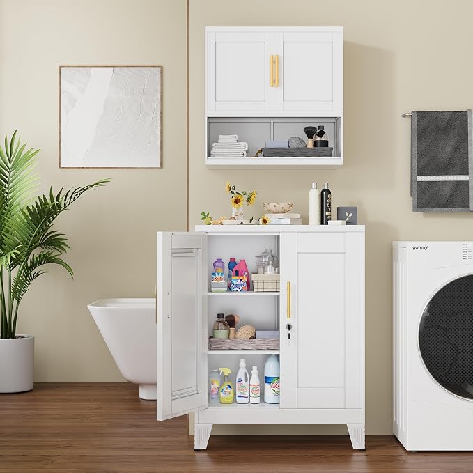 GAIOUS 36" Metal Floor Storage Cabinet, Locked Steel Storage Cabinets with 2 Doors and 2 Adjustable Shelves, White Kitchen Cabinet, Freestanding Cabinet for Home/Office/Garage/Tool Room/Bathroom