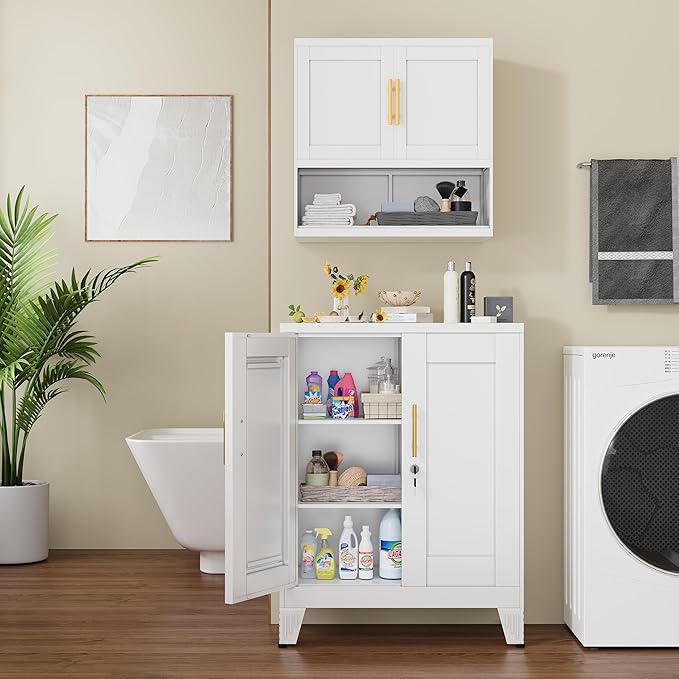 GAIOUS 36" White Floor Storage Cabinet, Locked Metal Storage Cabinets with 2 Doors and 2 Adjustable Shelves, Sideboard Buffet Cabient, Freestanding Cabinet for Home/Office/Garage/Tool Room/Bathroom