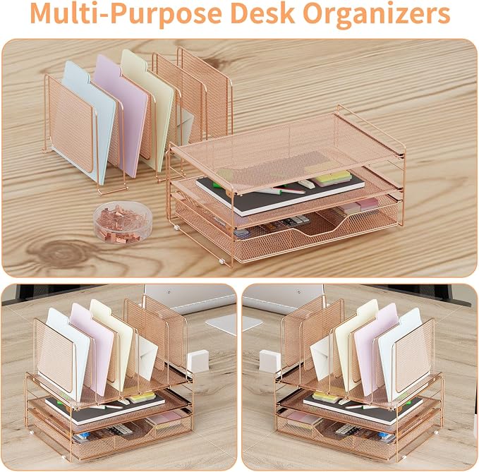 LEKETREE Rose Gold Desk Organizer, Office Organization with Vertical File Holder, File Organizer with Drawer and Office Supplies, Desk Accessories and Workspace Organizers (Rose Gold)
