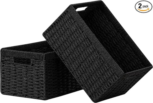 UBBCARE 2 Pack Wicker Basket, 13.4L×8.3H×7.1W inch Woven Paper Rope Storage Baskets for Shelves, Foldable Rectangular Storage Baskets with Handle, Storage Basket for Organizing, Black