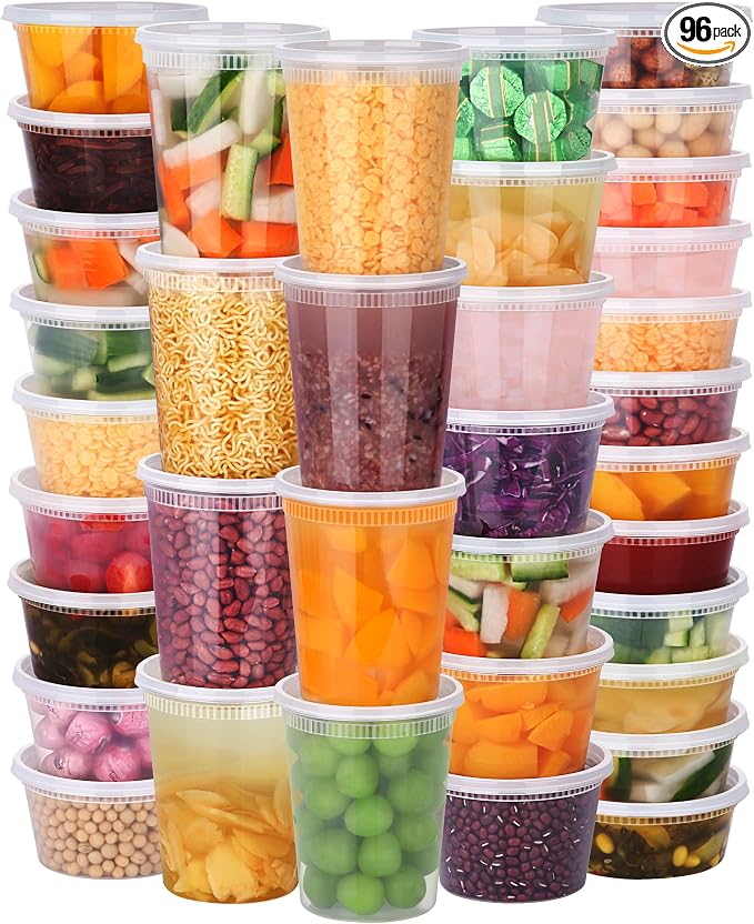 96 Pack (192-Piece) Deli Containers with Lids, 32/16/12/8 oz X 24 Set Each, Leak-Proof & BPA Free Airtight Takeout Plastic Food Storage Containers for Soup, Meal Prep, Microwave/Freezer Safe